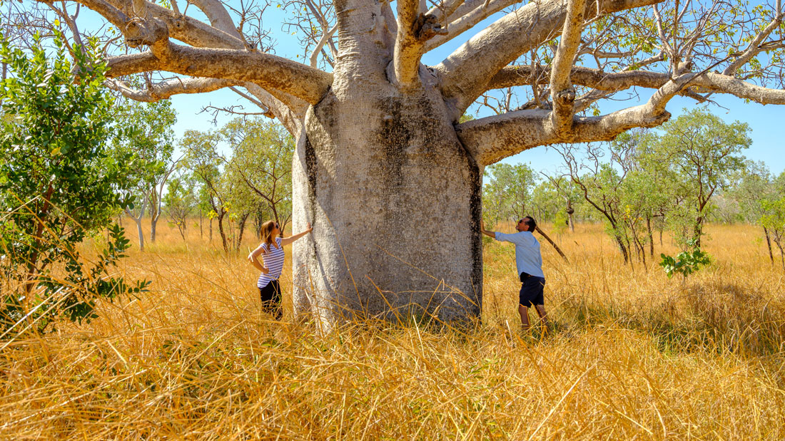 Couple standing next to a large boab tree on a road trip from Kununurra to Wyndham.